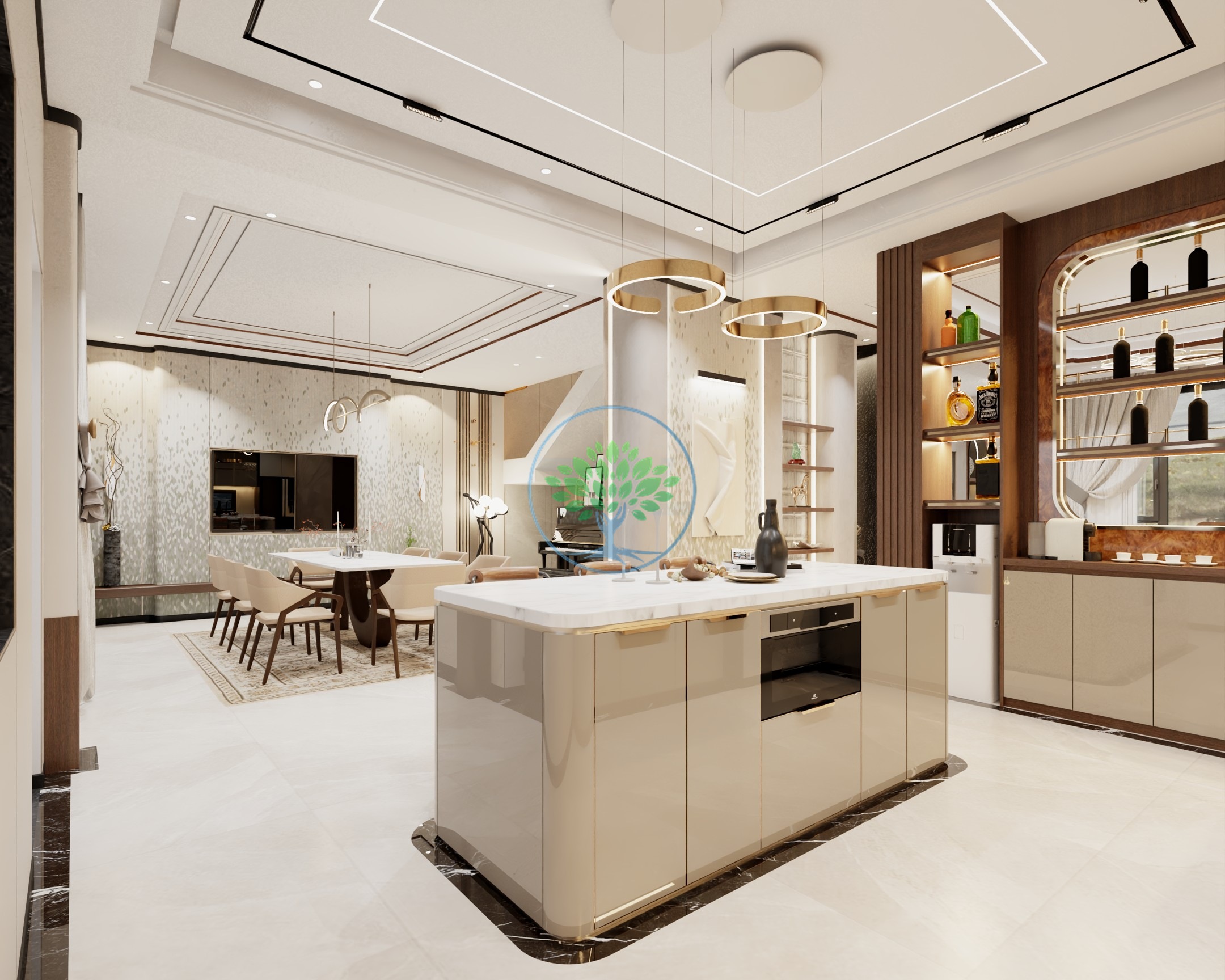 Đảo bếp và hệ lưu trữ nhà phố 3 tầng Thành Đô, Ô Môn — TDL.Cons